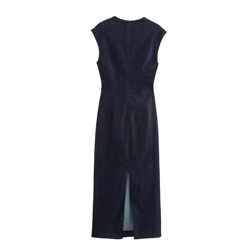 Round Neck Sleeveless Gold Inlaid Back Slit Denim Dress