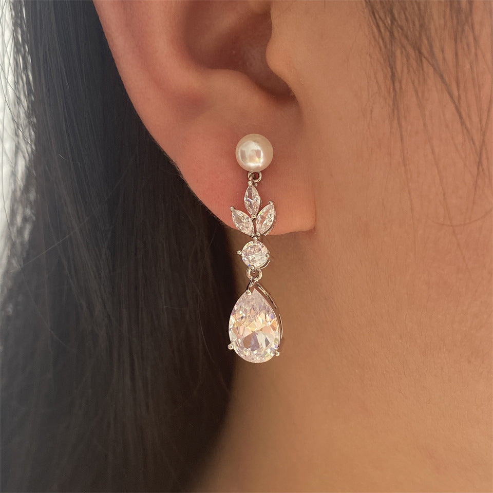 Fashion Leaves Zircon Water Drop Earrings Women - Norellé