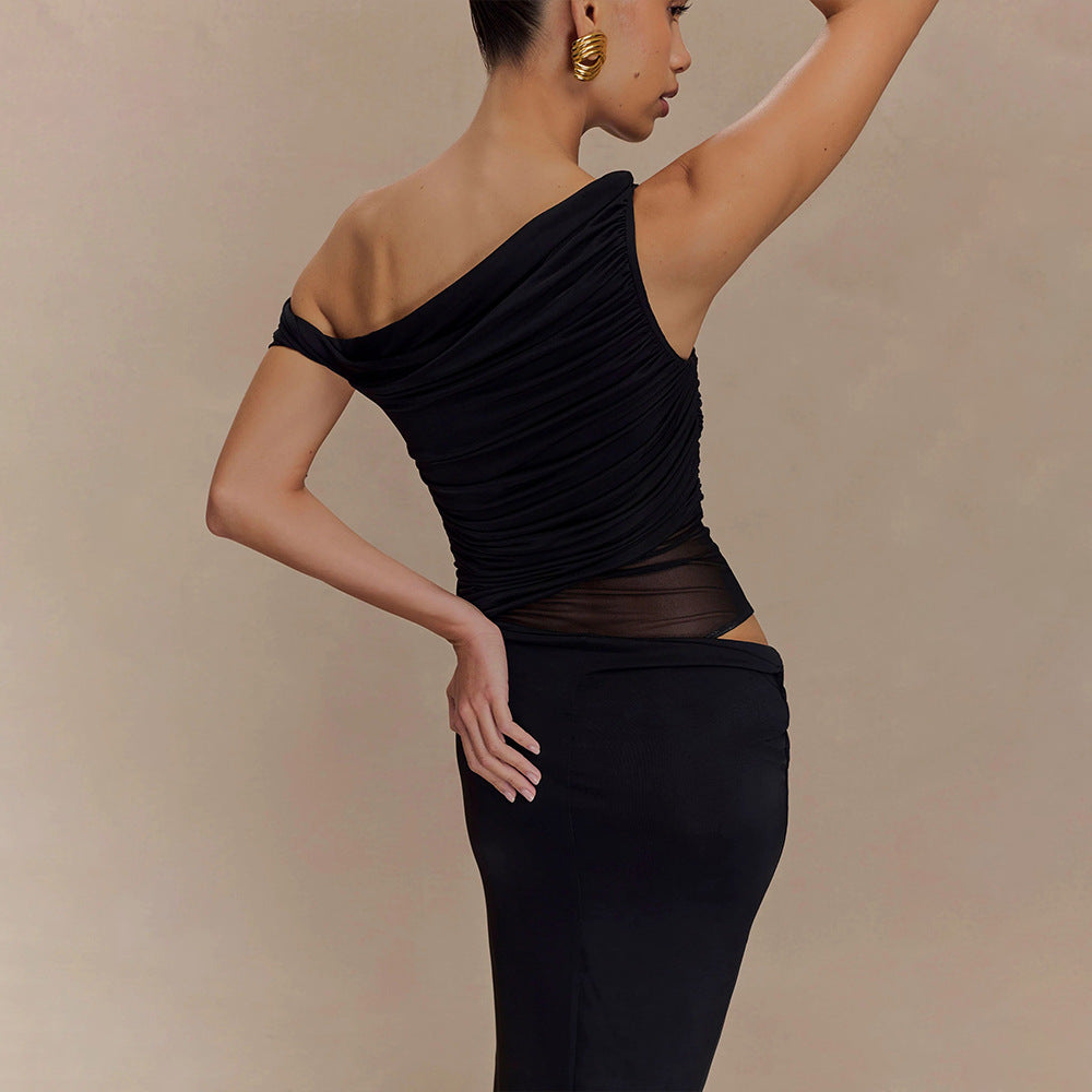 Pleated Women's Dress Shoulder Midriff Outfit - Norellé