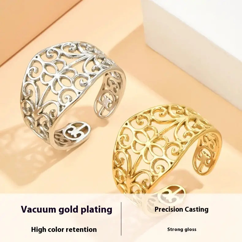Elegant Retro Style Hollow Pattern Open Stainless Steel Ring For Women