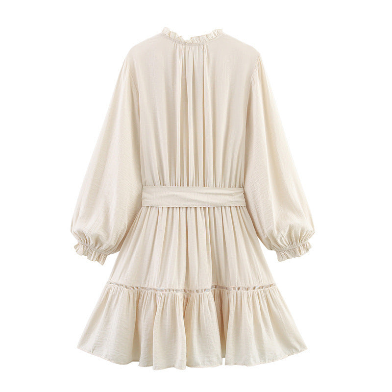 Elegant Slim-fit Wrinkle Effect Long Sleeve V-neck Dress - Norellé