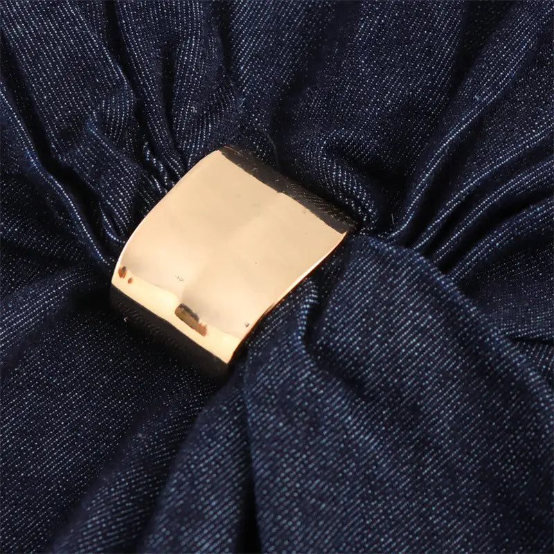 Round Neck Sleeveless Gold Inlaid Back Slit Denim Dress