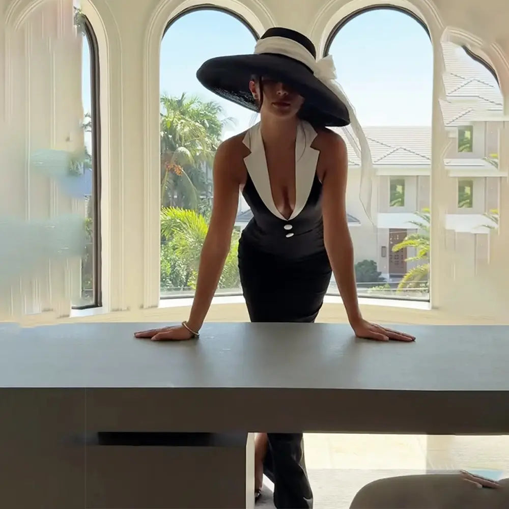 Lapel Backless Slit Dress