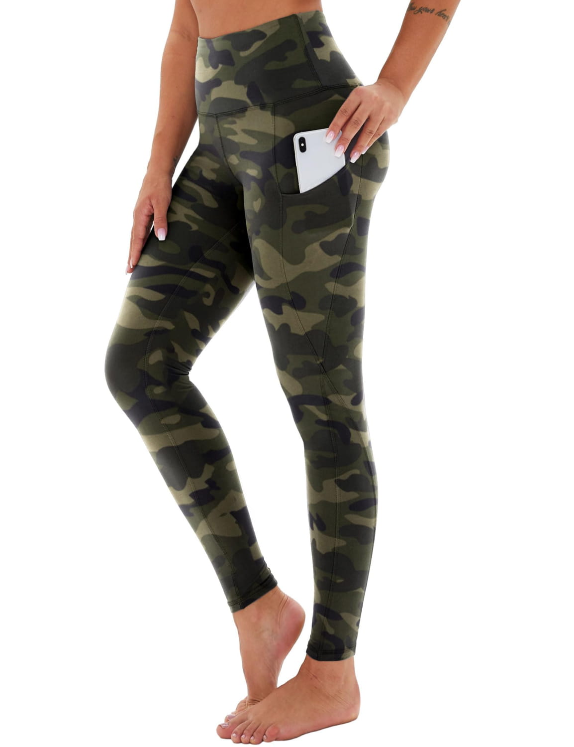Yoga Pants - Cropped High-waisted Slanted Pockets Polyester Double Grind Gray Green