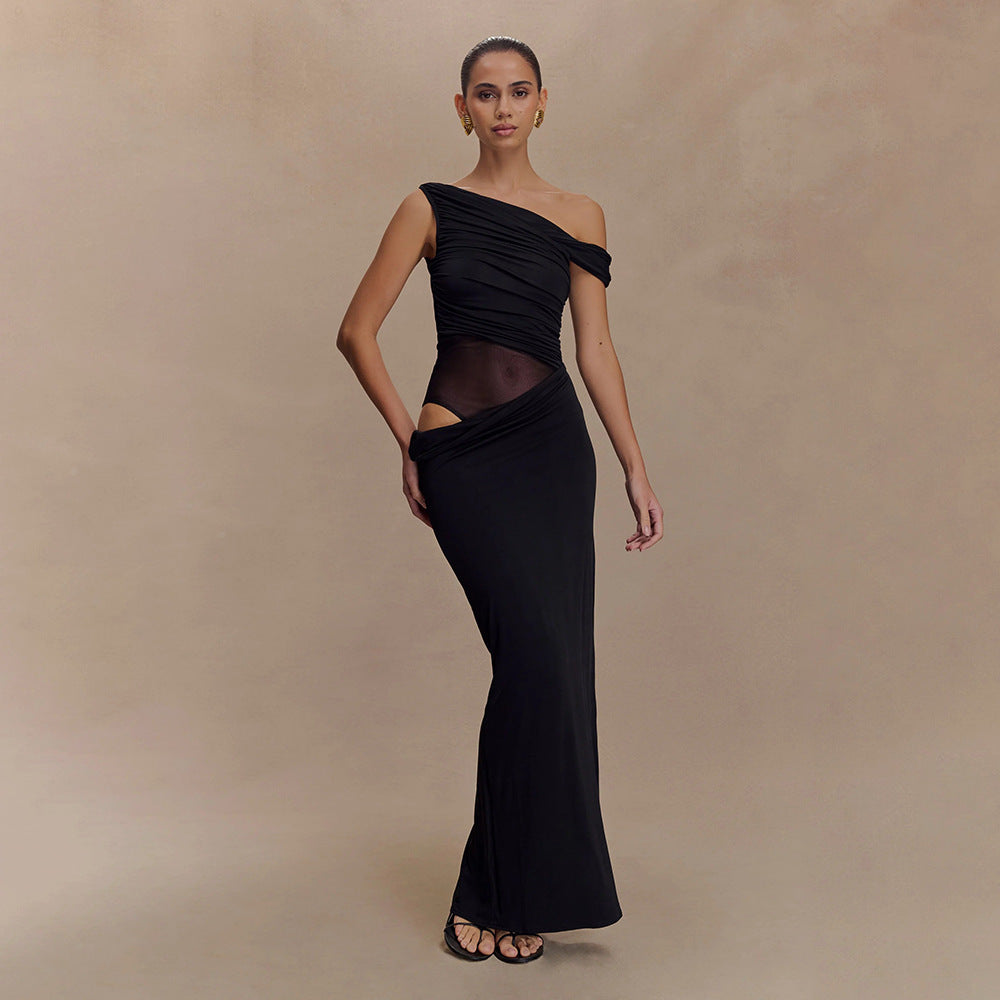 Pleated Women's Dress Shoulder Midriff Outfit - Norellé