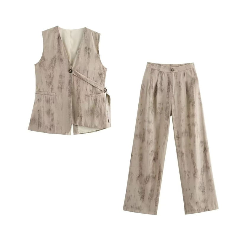 V-neck Buttons Decorative Lace-up Sleeveless Waistcoat Vest Wide-leg Casual Pants Suit