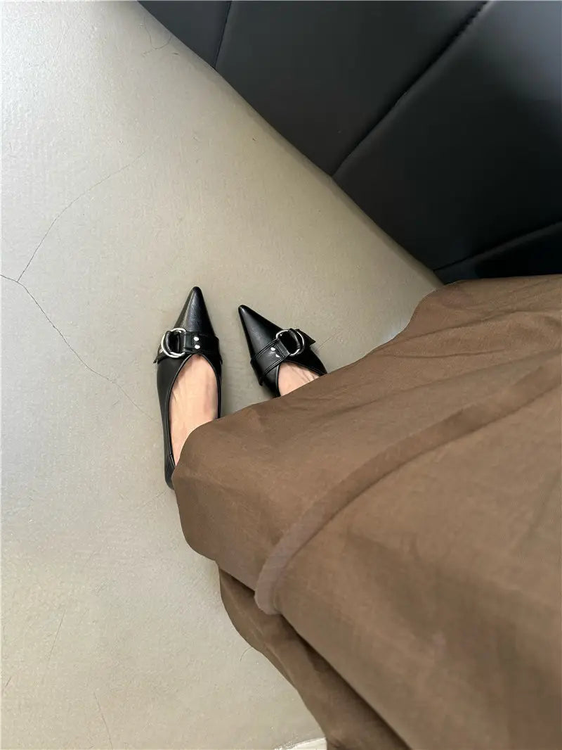 Metal Belt Buckle French Pointed Flat Bottom Pumps