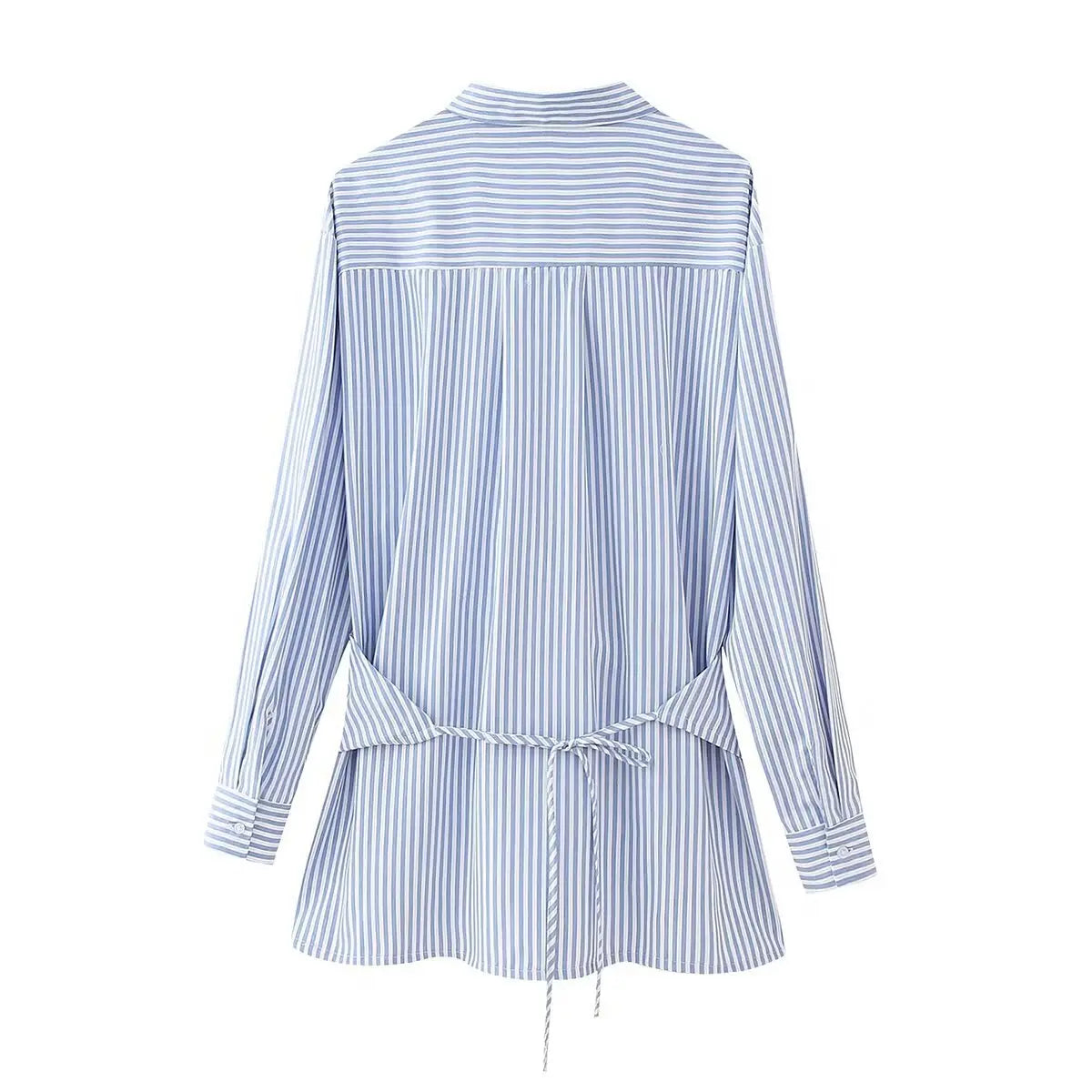 Loose Striped Lace-up Multi-color Long Sleeve Shirt