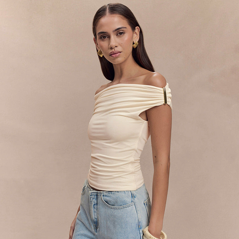 Women's Solid Color Pleated Off-shoulder Slim Off-shoulder Top - Norellé