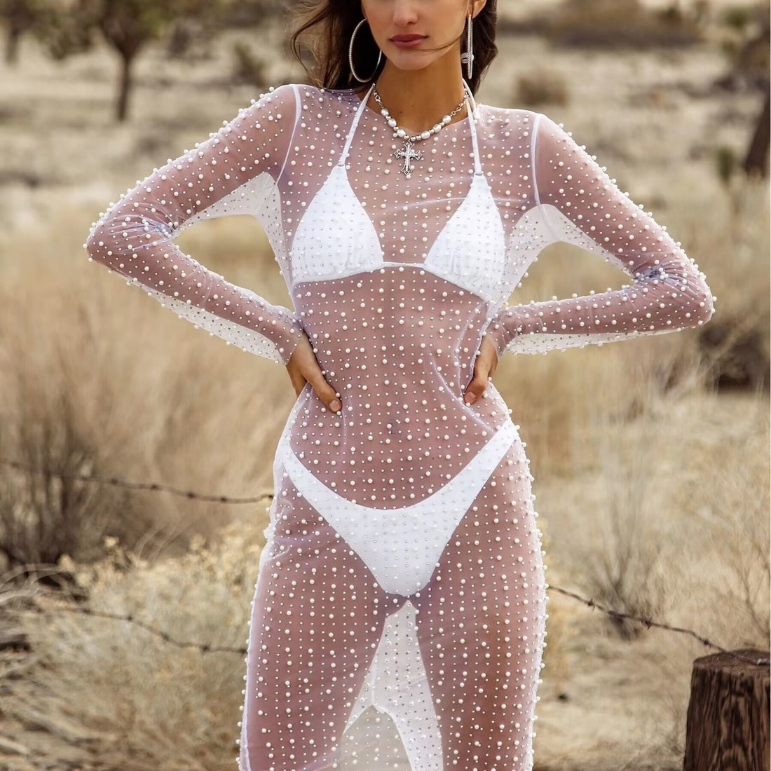 Bead Rhinestone Blouse Mesh Long Sleeve Dress - Norellé