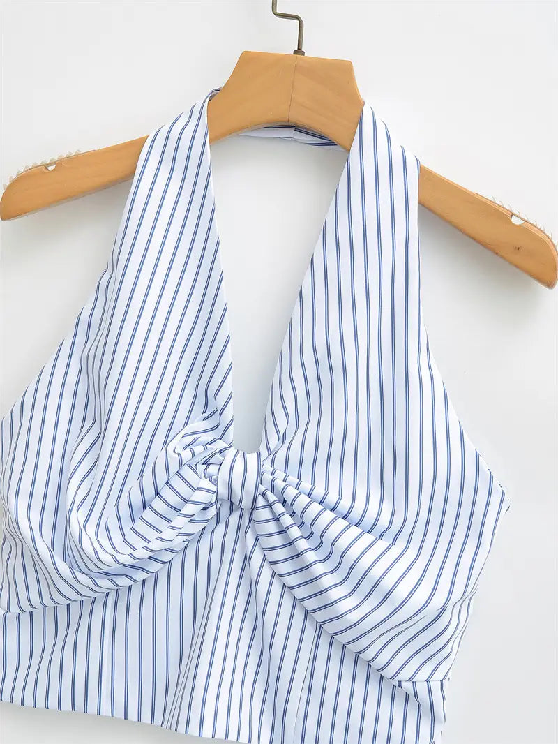 Striped Halter Backless Smocking Sling