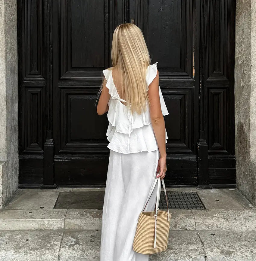 Cotton And Linen V-neck Backless Lace-up Top High Waist Casual Trousers Suit