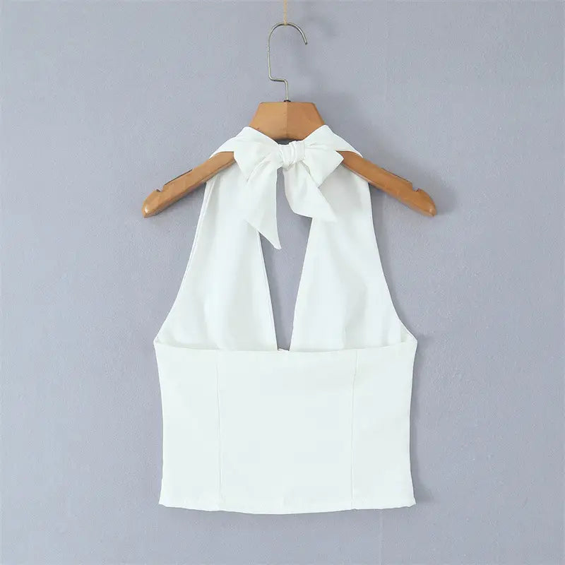 French Elegant Style Casual V-neck Backless Lace Up Halterneck Vest Short Skirt