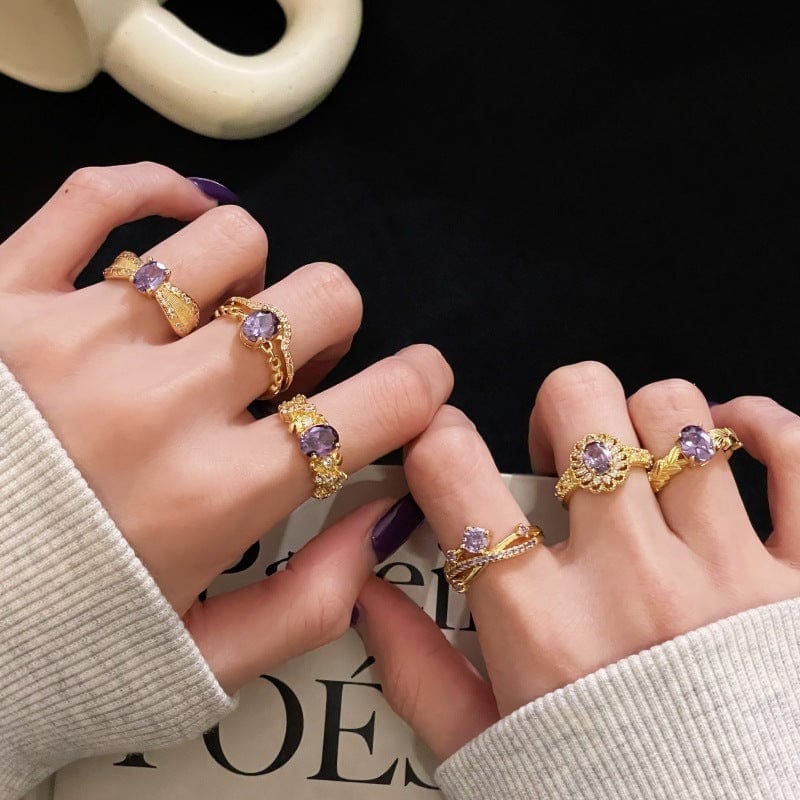 Nine Purple Fire-free Colored Gems Zircon Mid-ancient Brushed Open Ring - Norellé