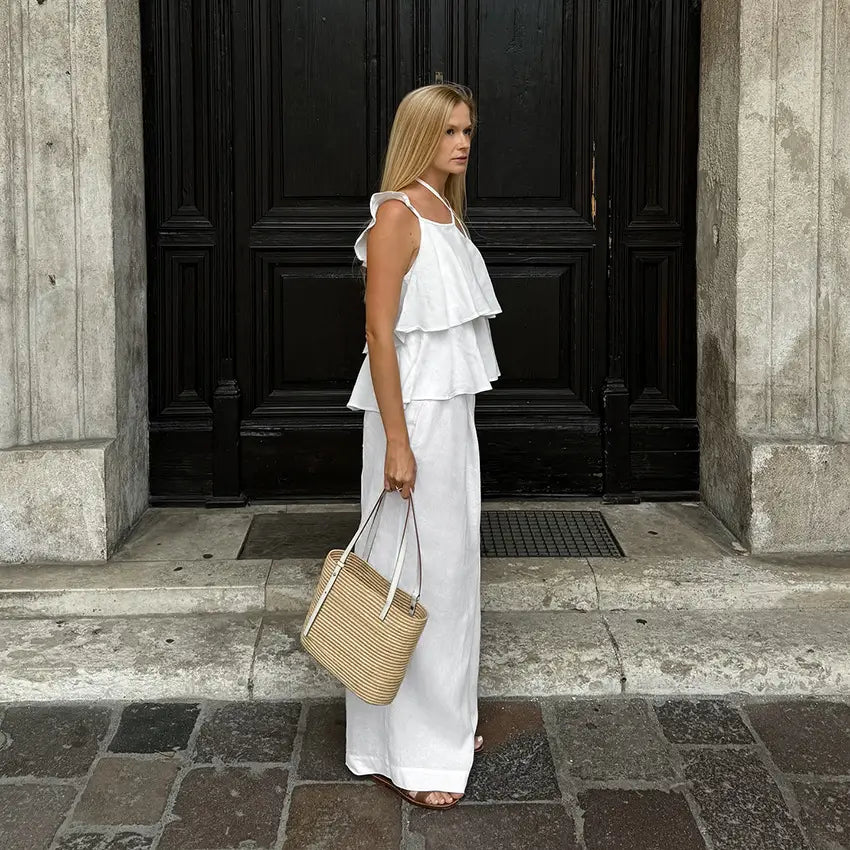 Cotton And Linen V-neck Backless Lace-up Top High Waist Casual Trousers Suit