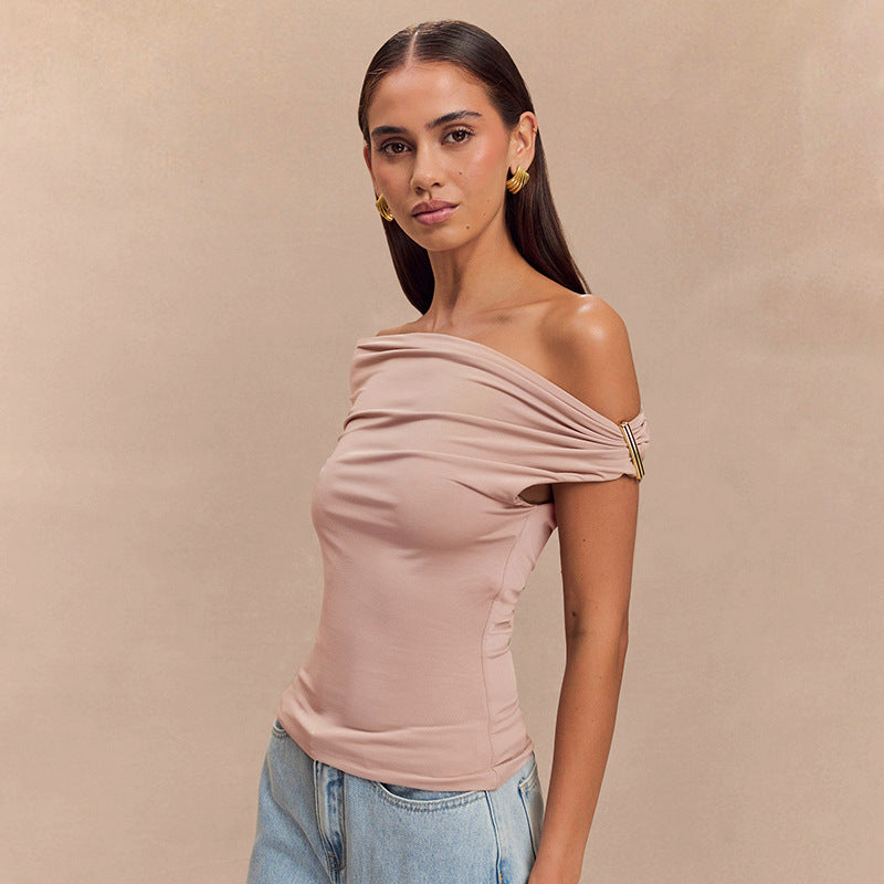 Women's Solid Color Pleated Off-shoulder Slim Off-shoulder Top - Norellé