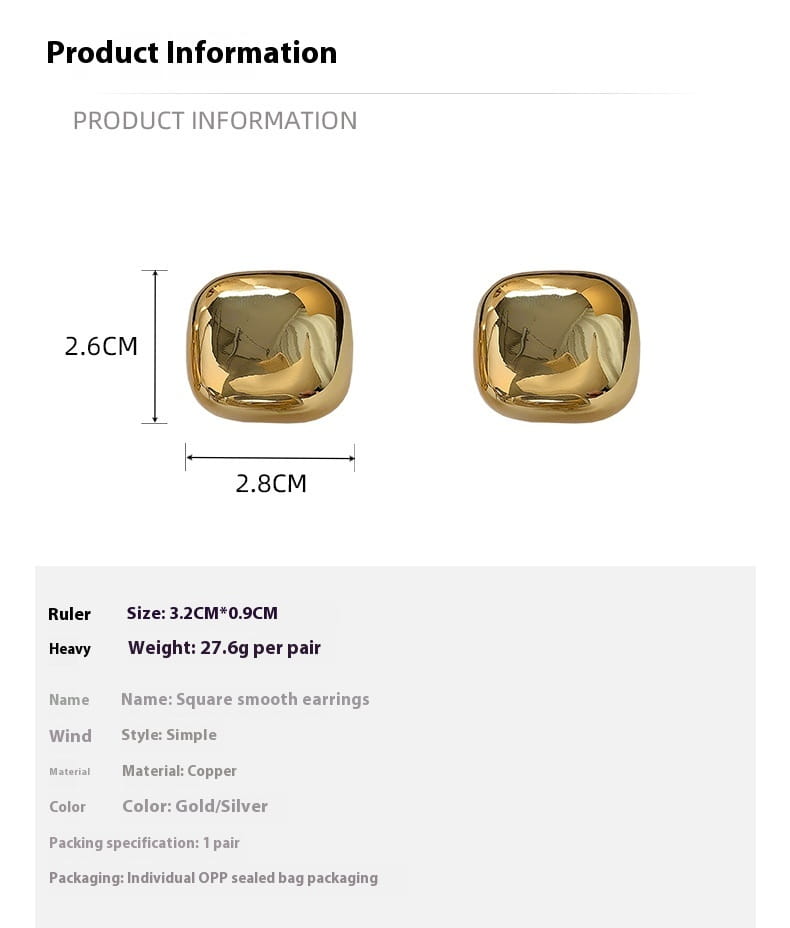 Large Glossy Square Stud Earrings Niche High Sense