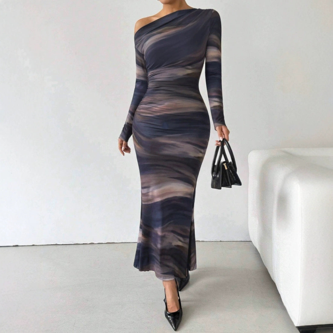 Tie-dyed Crossbody Shoulder Asymmetric Fold Dress - Norellé