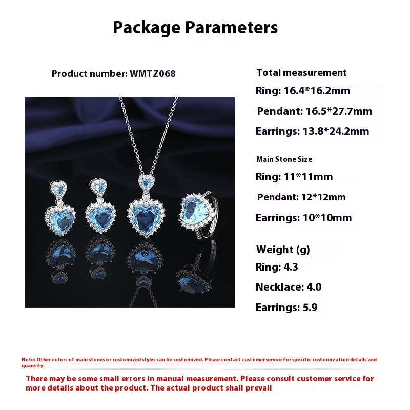 European And American Aquamarine Colored Gems Necklace Ear Stud Ring Women's - Norellé