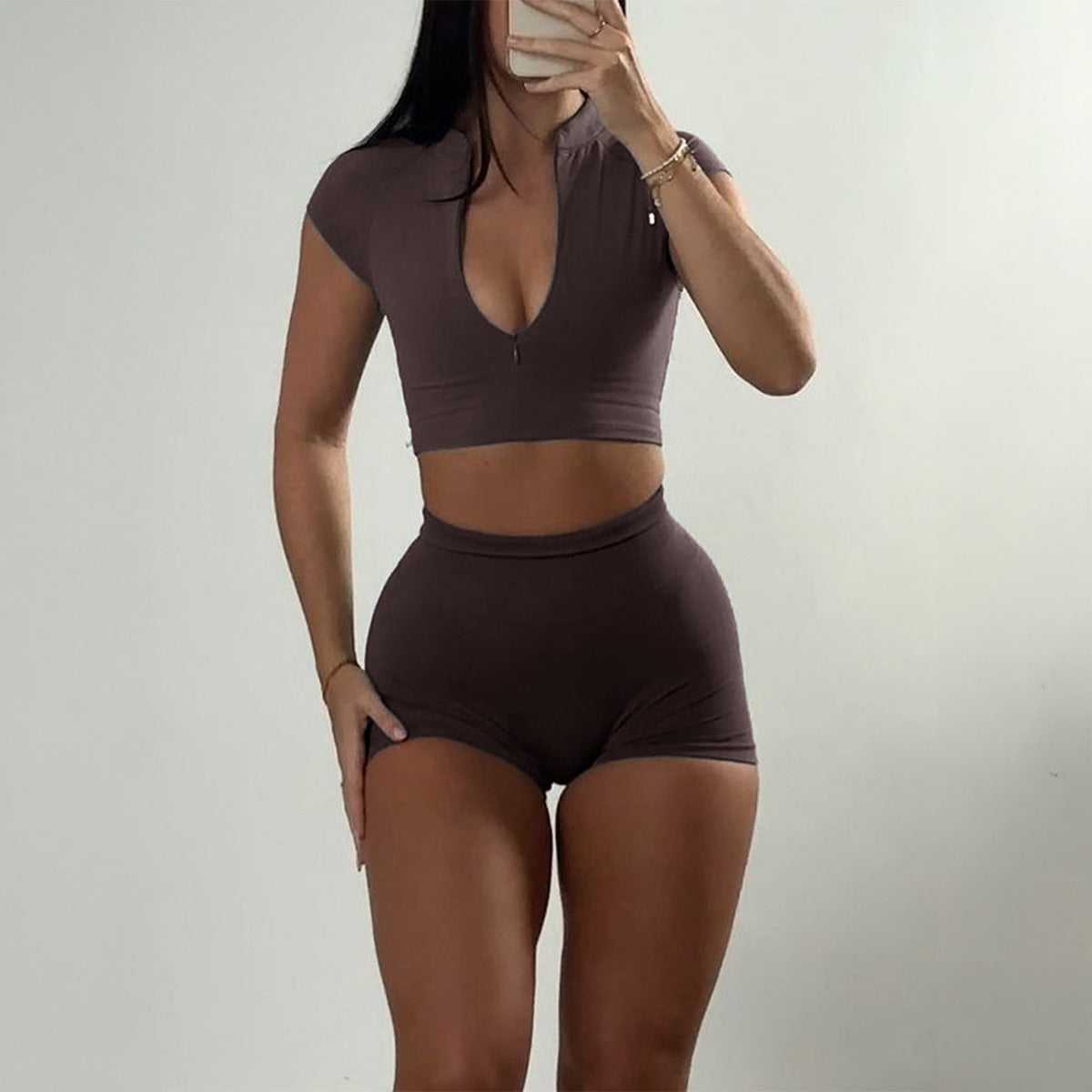 Sports Zipper Short-sleeved Shorts Two-piece Suit - Norellé