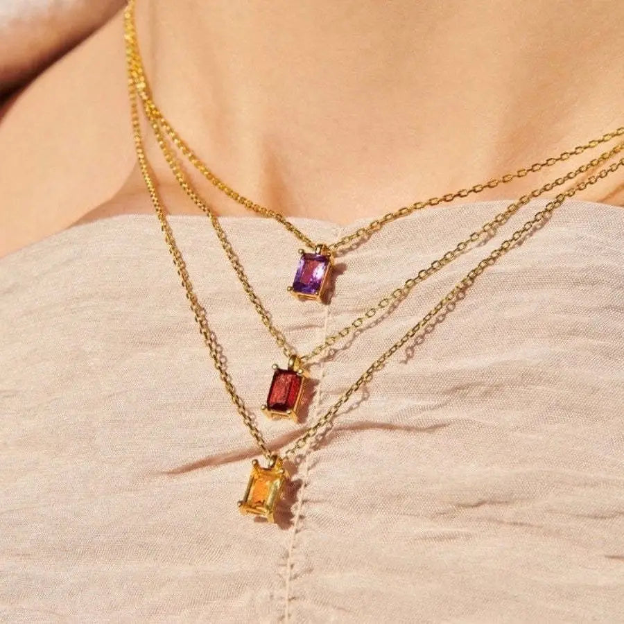 Rectangular 12month Birthday Stone Pendant Colorful Zircon Clavicle Chain
