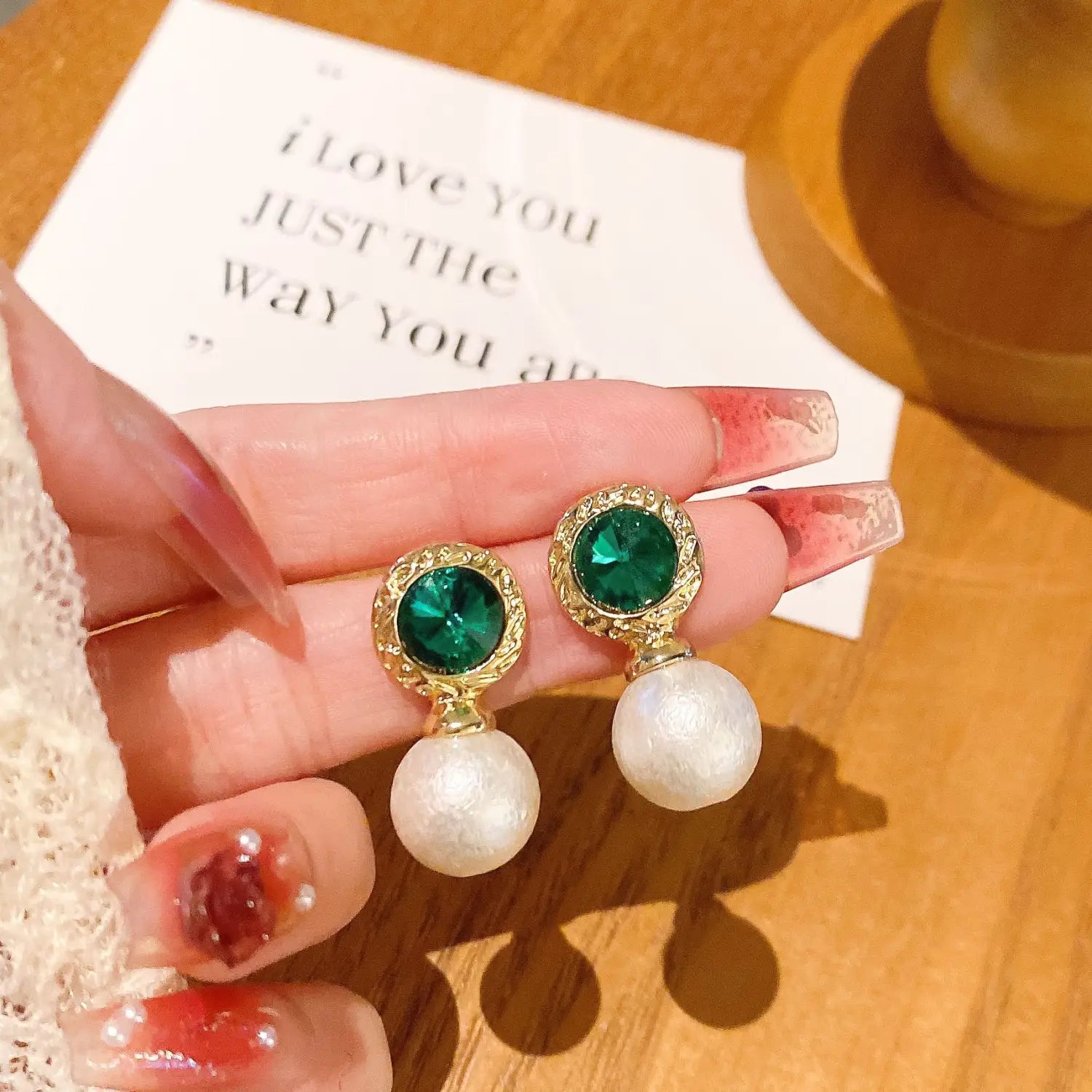 Emerald Rhinestone Pearl Stud Earrings For Women