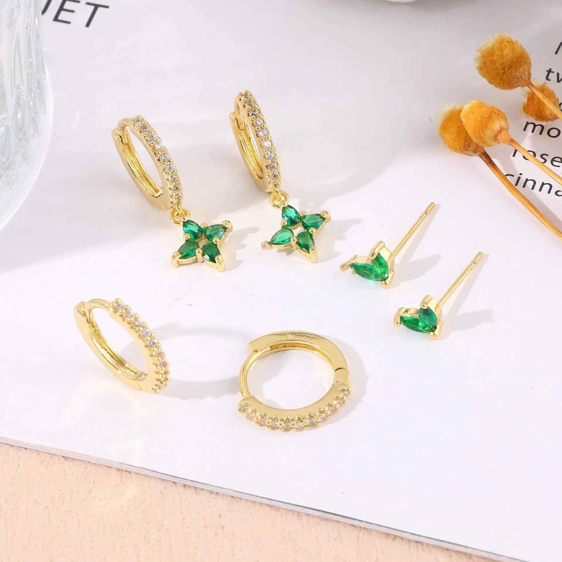 Green Inlaid Zircon Fashion Women's Earrings Three-piece Set - Norellé