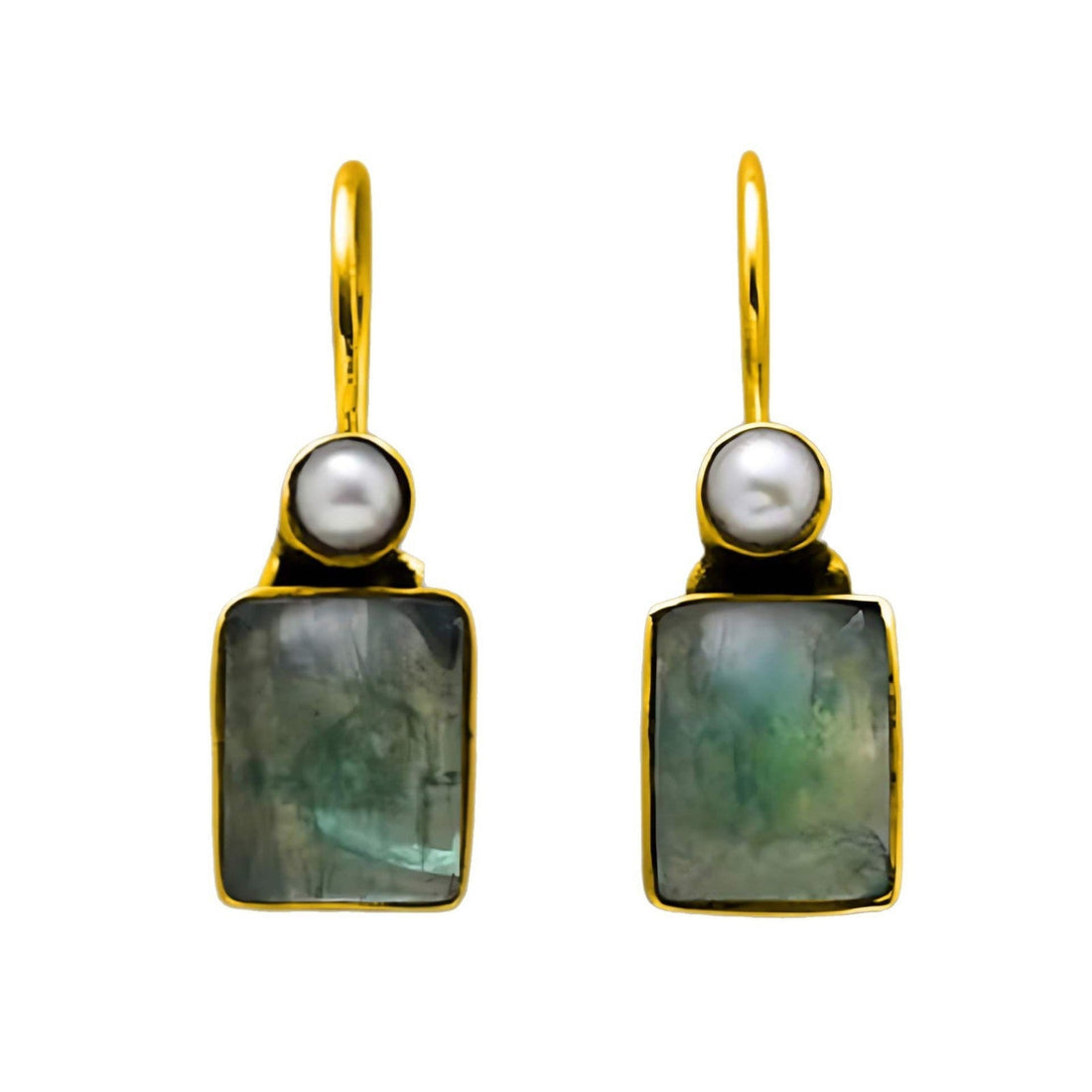 Fashion Square Green Stone Pearl-studded Earrings - Norellé