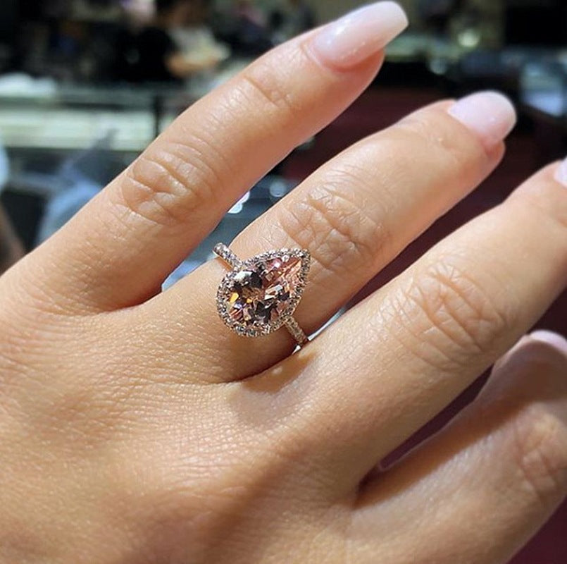 European And American 18K Rose Gold Plated Inlaid Pink Crystal Water Drop Pear-shaped Ring - Norellé