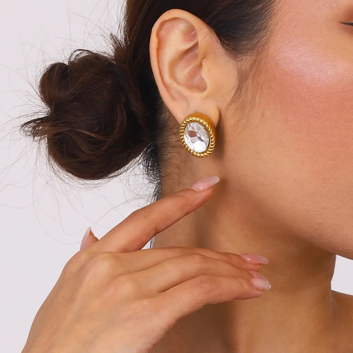 Stainless Steel Oval Glass Stone Earrings