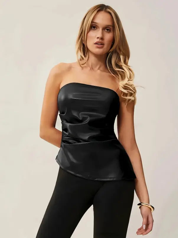 Leather Bandeau Strap Pleated Asymmetrical Top
