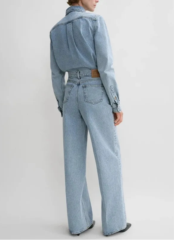 Cotton Jeans Set for Women Casual Versatile Long Sleeve Shirt, High Waist Straight Leg Pants