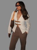 Woman Vintage White Leather Buckle Woolen Jacket Female - Norellé