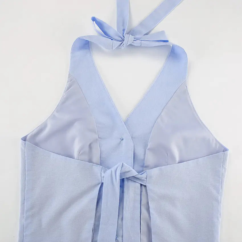 Blue Cotton Linen Sleeveless Waistcoat Vest Trousers Suit