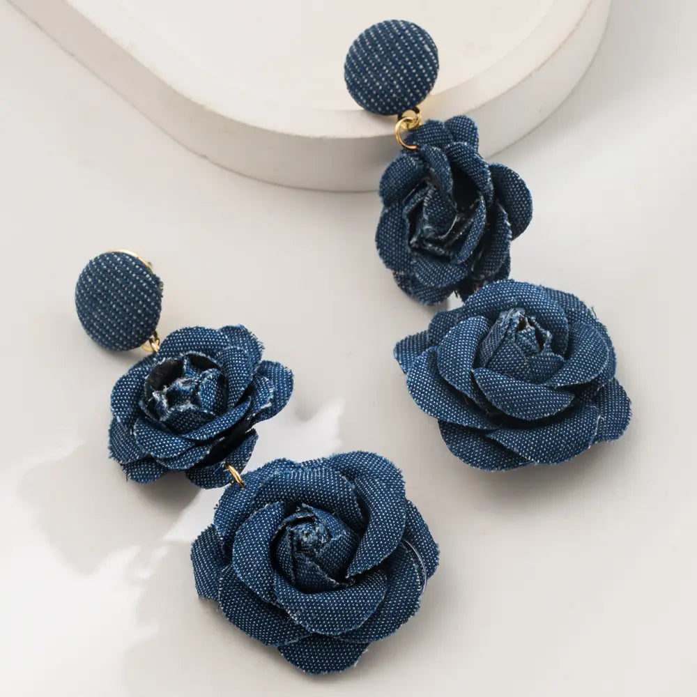 Fall Winter Cowboy Fabric Flower Earrings Multi-layer Long