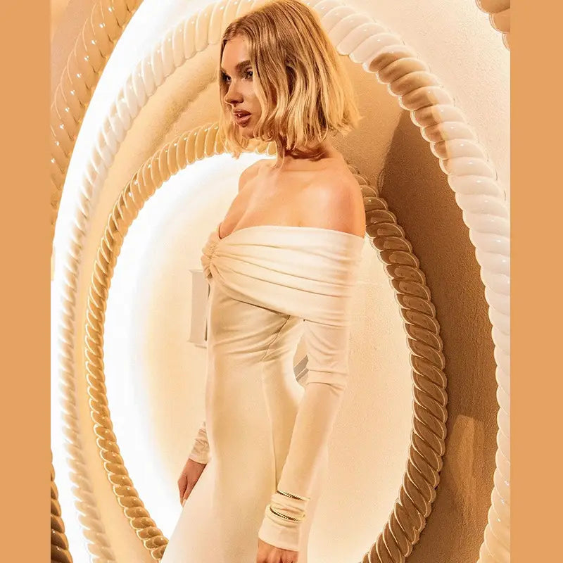 Solid Color French Style Off-shoulder Tube Top Long Sleeve Dress