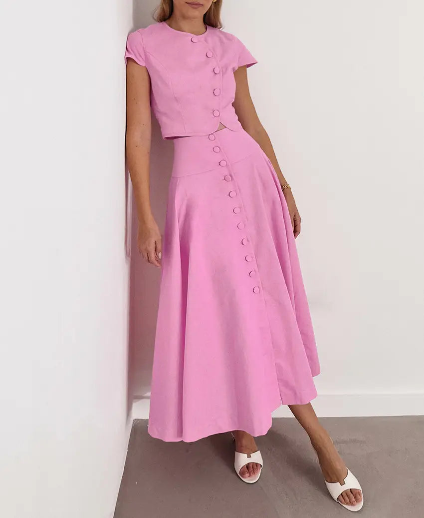 Cotton High Waist V-neck Dress Suit