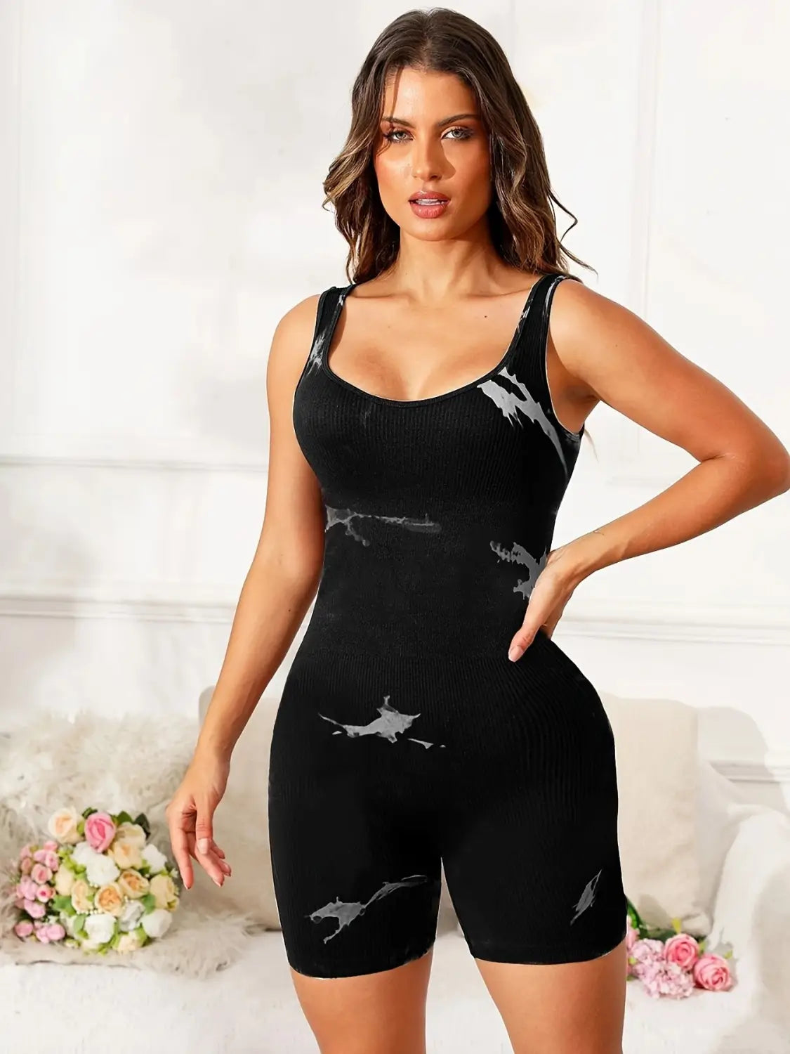 Women’s Square Collar Tie-dye Wide Shoulder Strap Sports Close-fitting Union Suit