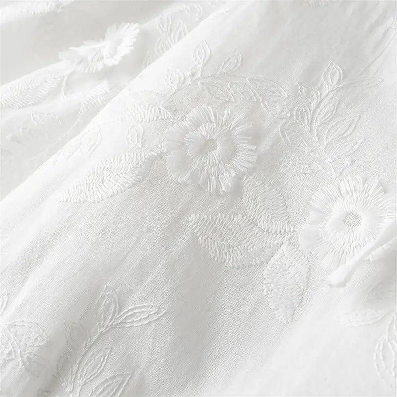 Flower Embroidered Cotton Short-Sleeved Shorts Two-piece Suit