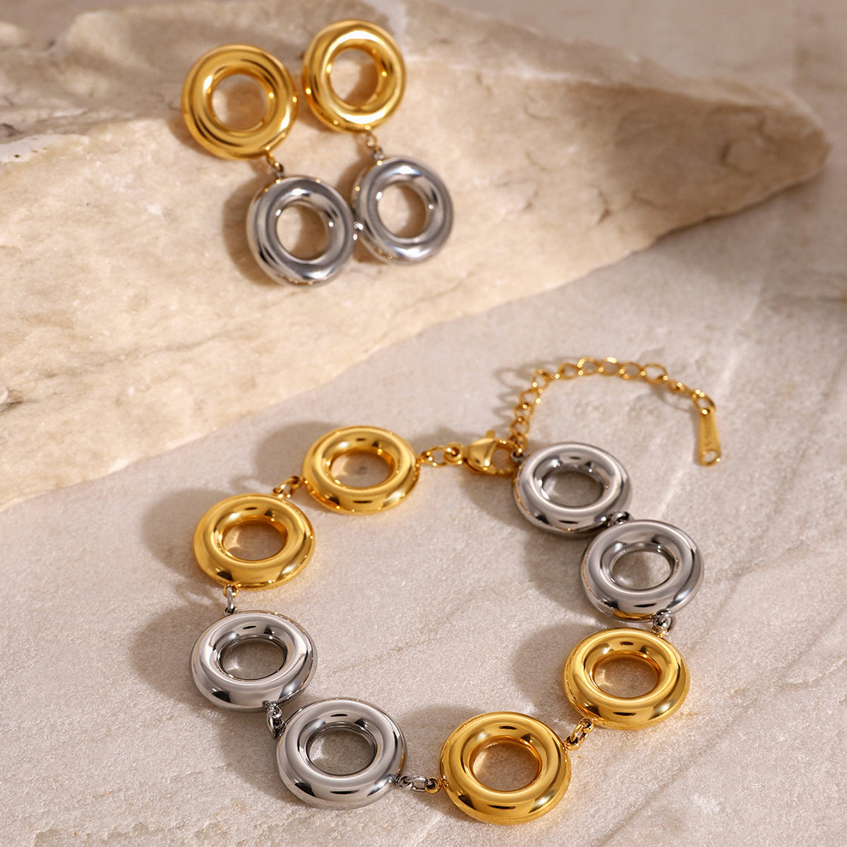 Stainless Steel Gold And Silver Contrast Color Ring Pendant Earrings - Norellé