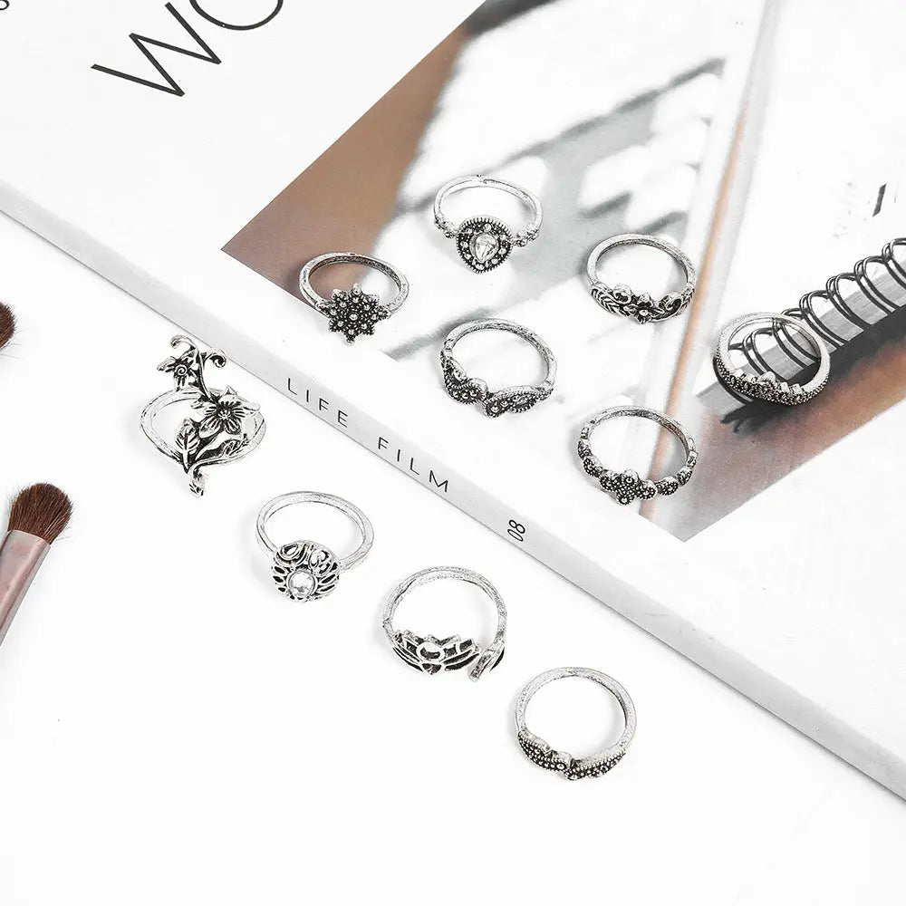 Bohemian Antique Silver Rose Lotus Glass Drill Knuckle Ring - Norellé