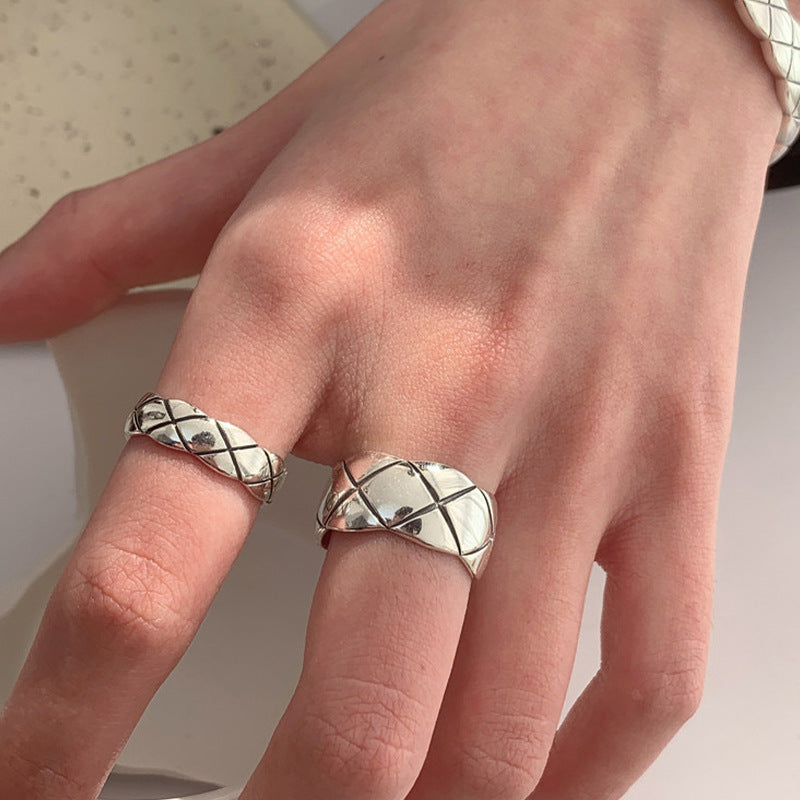 S925 Sterling Silver Thick And Thin Diamond Plaid Open Ring - Norellé