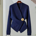 Dark Blue Irregular V-neck Fitted Waist Sweater Knitwear - Norellé