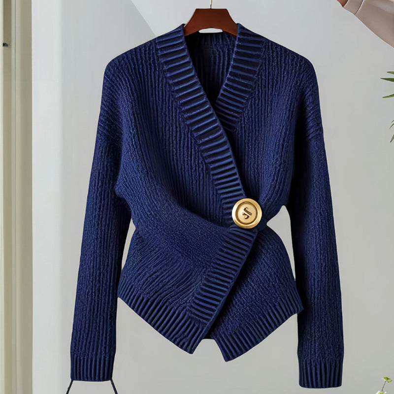 Dark Blue Irregular V-neck Fitted Waist Sweater Knitwear - Norellé