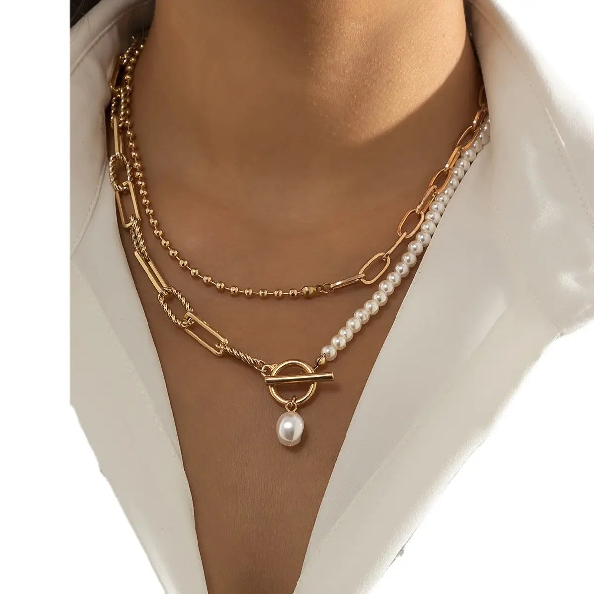 Retro Style Personality Pearl OT Buckle Necklace