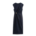 Round Neck Sleeveless Gold Inlaid Back Slit Denim Dress - Norellé