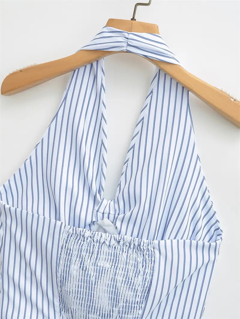 Striped Halter Backless Smocking Sling