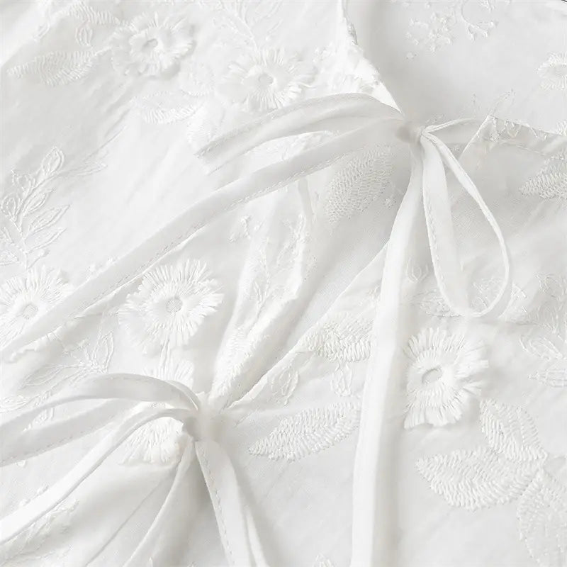 Flower Embroidered Cotton Short-Sleeved Shorts Two-piece Suit