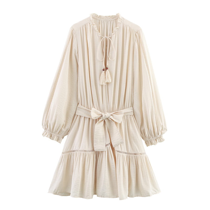 Elegant Slim-fit Wrinkle Effect Long Sleeve V-neck Dress