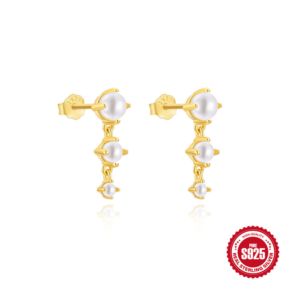 Sterling Silver Horse Eye Rhinestone Pearl Eardrops - Norellé